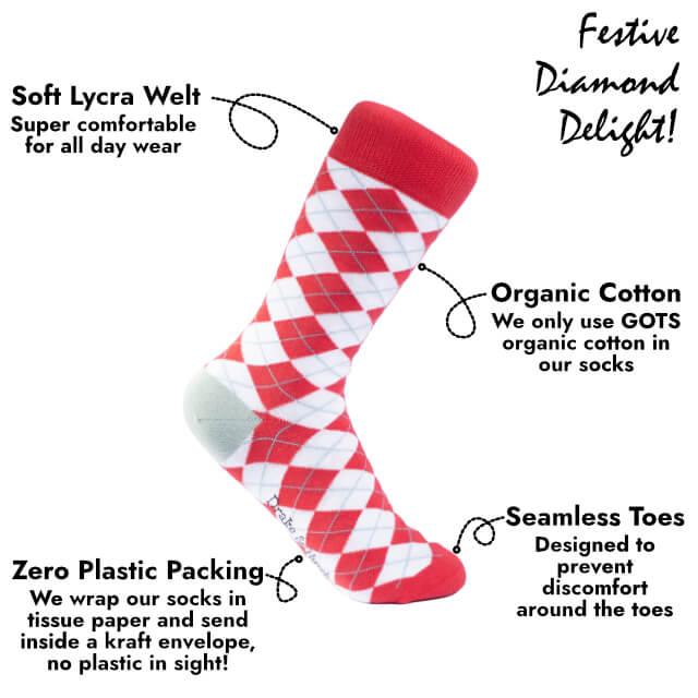 Red & White Festive Xmas Argyle Organic Cotton Socks